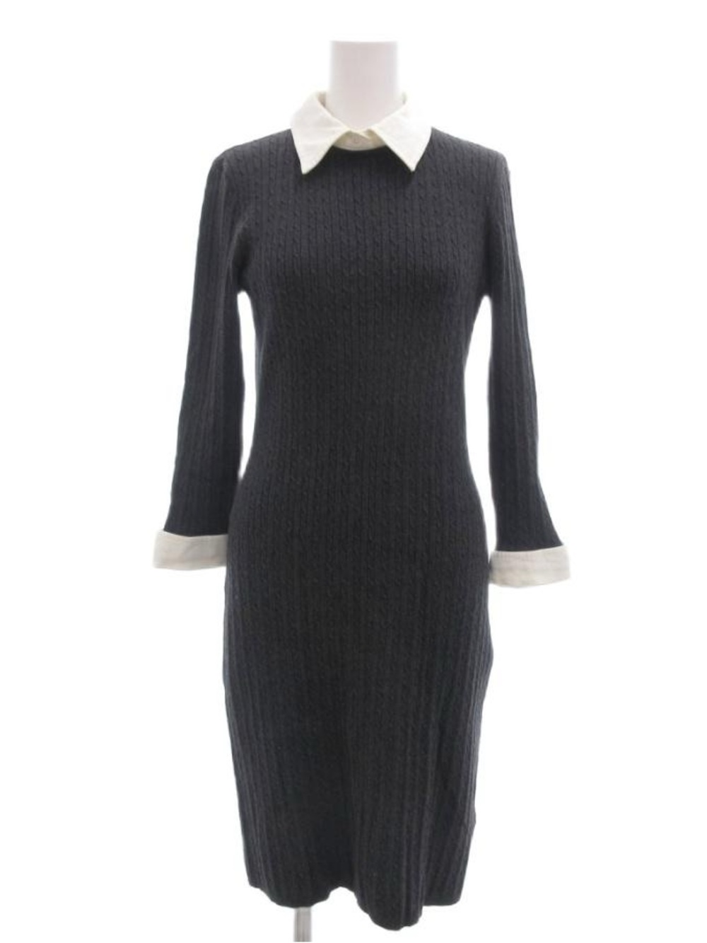 LAUREN RALPH LAUREN Gray Knit Long Sleeve Dress with White Collar & Cuffs